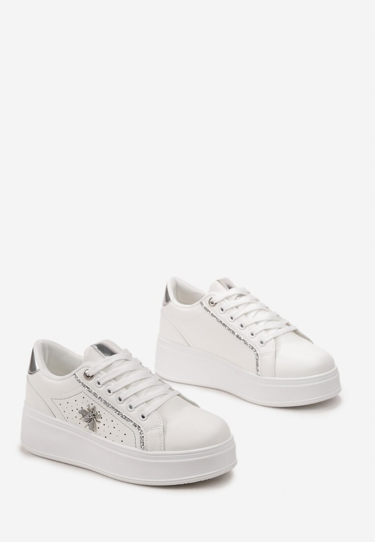 Sneakers Alb-Argintii cu Talpă Groasă și Decorațiuni cu Sclipici Pirola