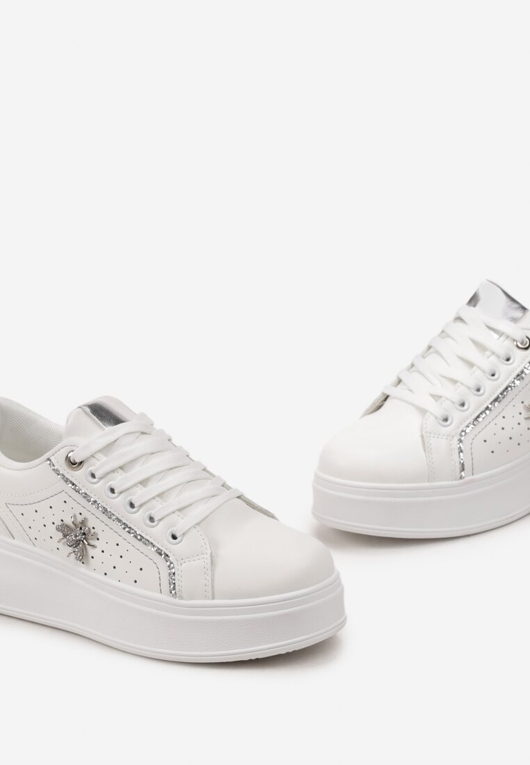 Sneakers Alb-Argintii cu Talpă Groasă și Decorațiuni cu Sclipici Pirola