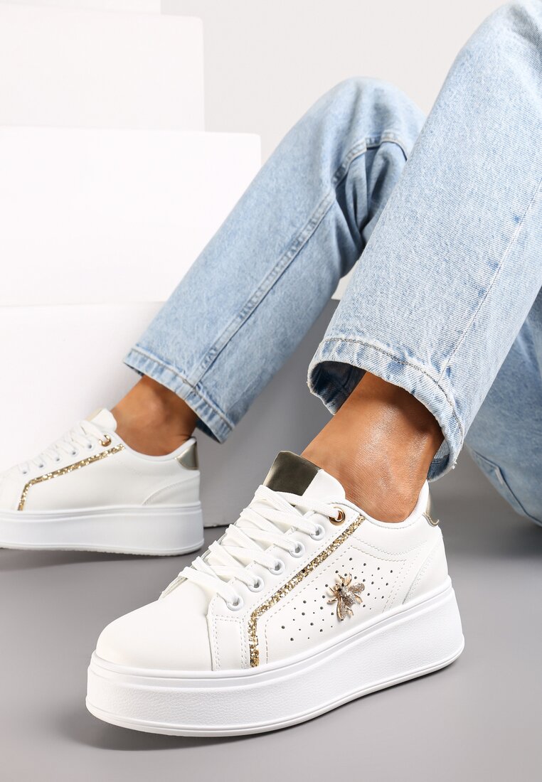 Sneakers Albi-Aurii pe Talpă Groasă cu Decorațiune Sclipitoare Pirola