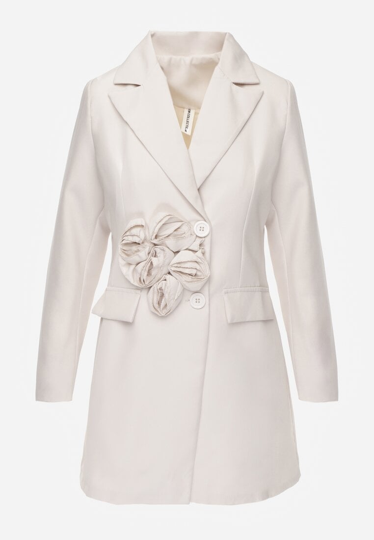 Sacou Rochie Bej cu Aplicații 3D în Formă de Flori și Închidere cu Nasturi Lorira