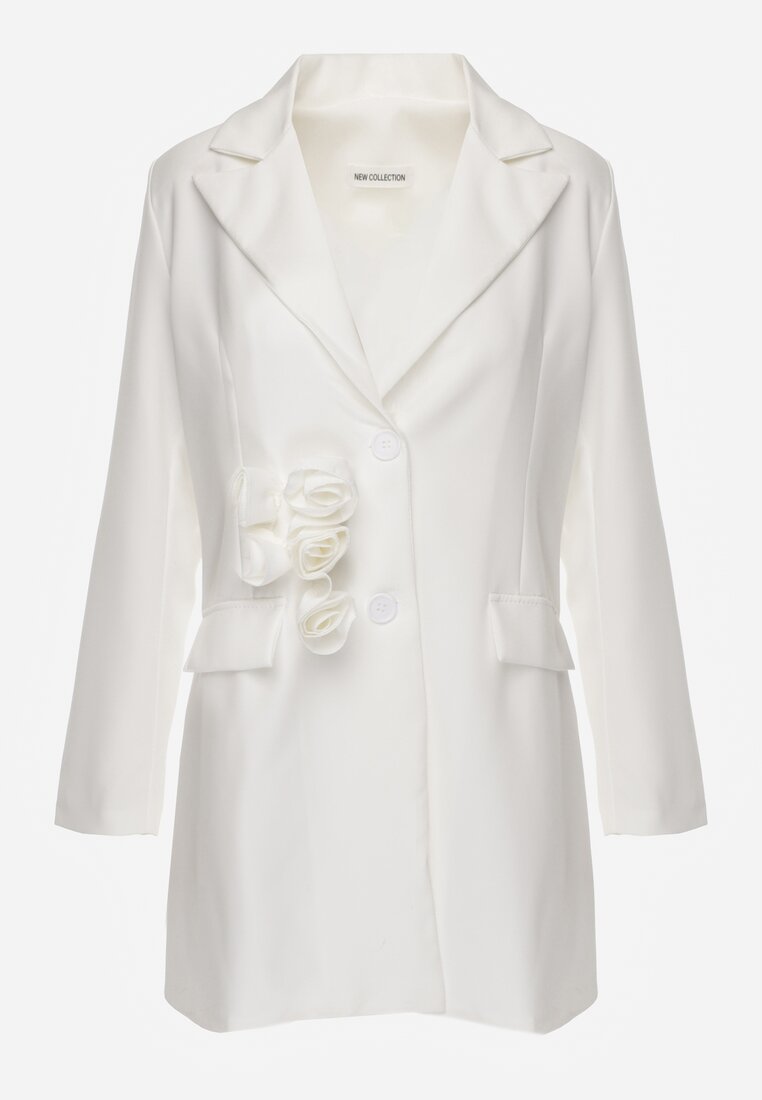 Sacou Rochie Alb cu Aplicatii 3D Florale si Inchidere cu Nasturi Lorira