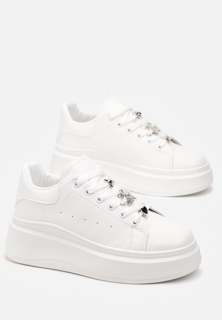 Białe Sneakersy z Ekoskóry na Niskiej Platformie z Cyrkoniami Elizja