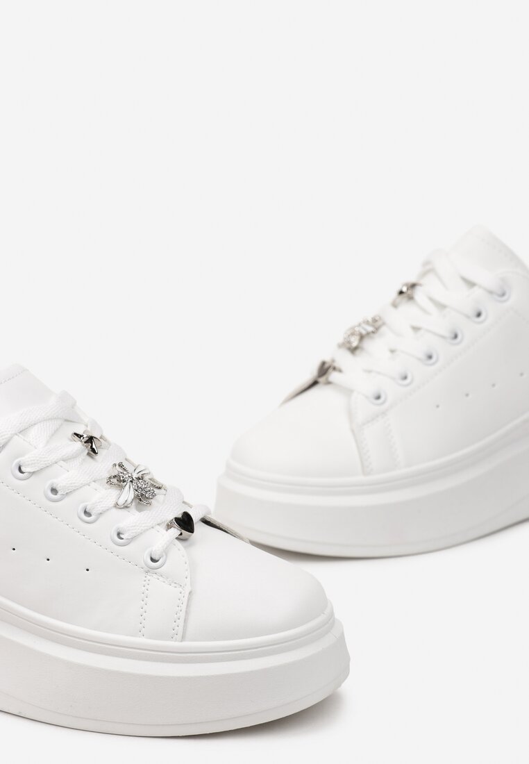 Białe Sneakersy z Ekoskóry na Niskiej Platformie z Cyrkoniami Elizja
