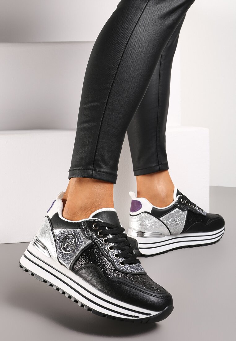 Sneakers Negri Sclipitori pe Talpă Groasă cu Șiret și Monogramă Miviena