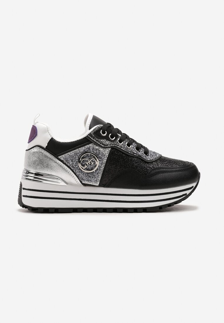 Sneakers Negri Sclipitori pe Talpă Groasă cu Șiret și Monogramă Miviena