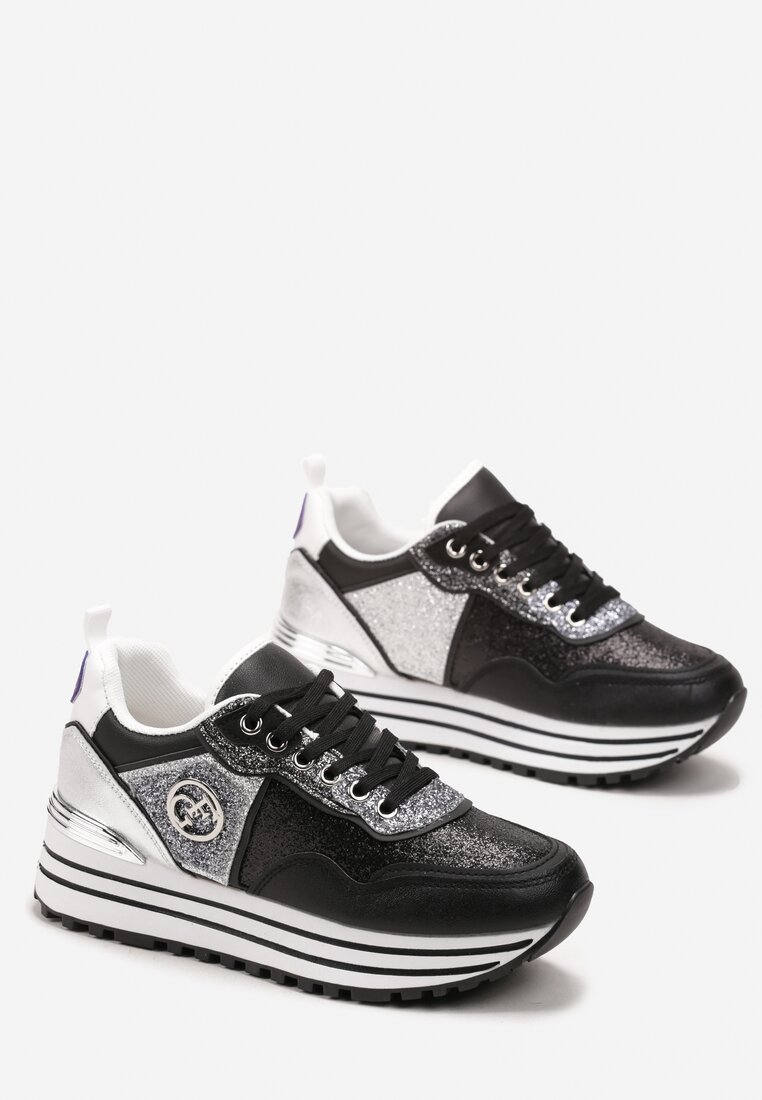 Sneakers Negri Sclipitori pe Talpă Groasă cu Șiret și Monogramă Miviena
