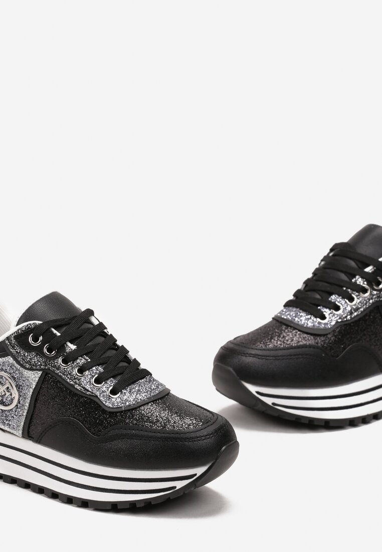 Sneakers Negri Sclipitori pe Talpă Groasă cu Șiret și Monogramă Miviena