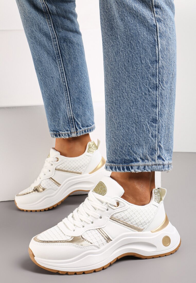 Sneakerși Albi din Material Embosat cu Inserții Sclipici și Metalice Thermia