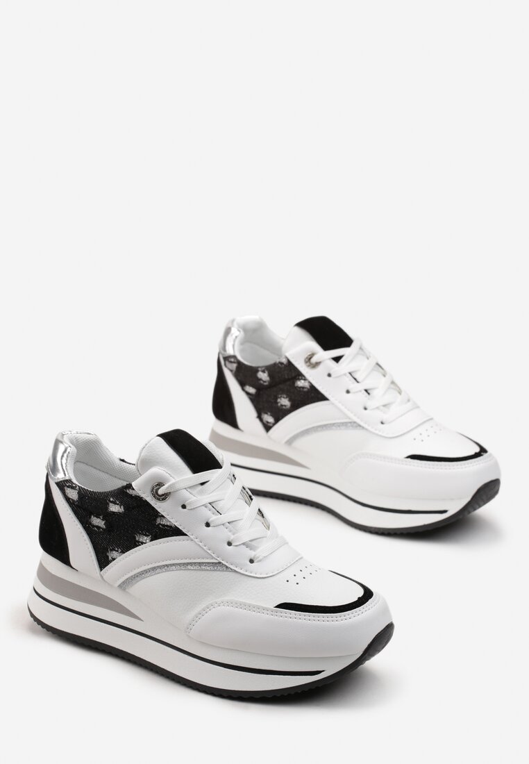 Sneakerși Albi-Negri cu Șiret din Piele Ecologică cu Inserții Strălucitoare Fiviara