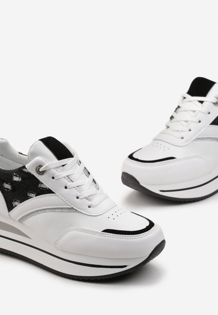 Biało-Czarne Sznurowane Sneakersy z Ekoskóry z Błyszczącymi Wstawkami Fiviara