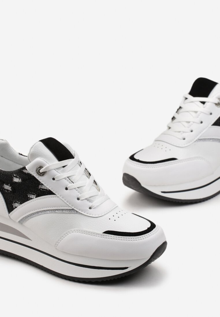 Sneakerși Albi-Negri cu Șiret din Piele Ecologică cu Inserții Strălucitoare Fiviara