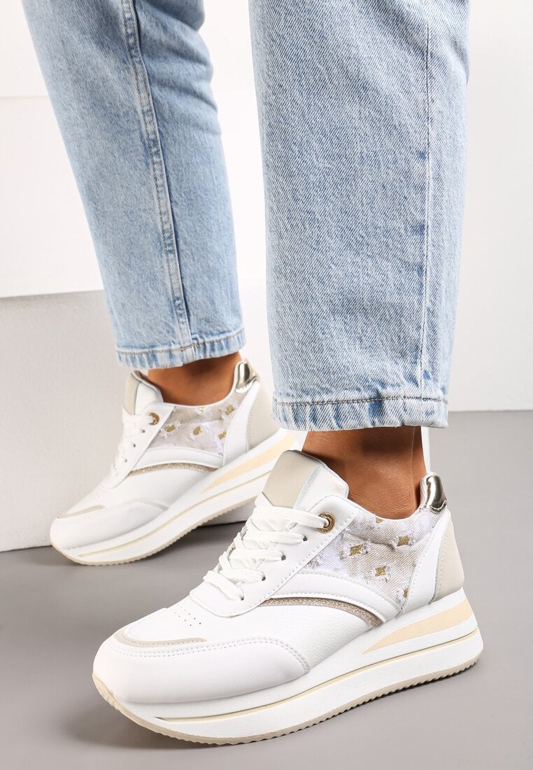 Sneakers Albi-Bej din Piele Ecologică cu Șiret și Inserții Strălucitoare Fiviara