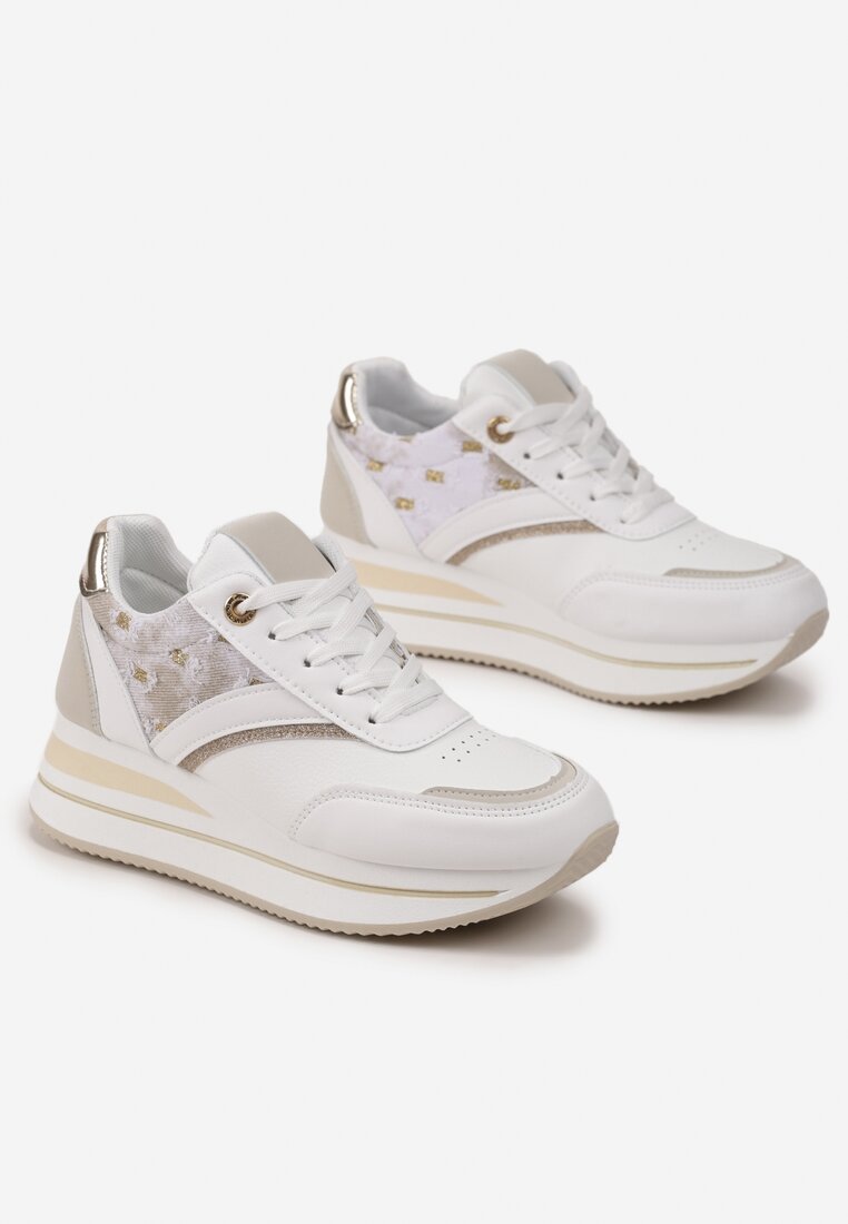 Sneakers Albi-Bej din Piele Ecologică cu Șiret și Inserții Strălucitoare Fiviara