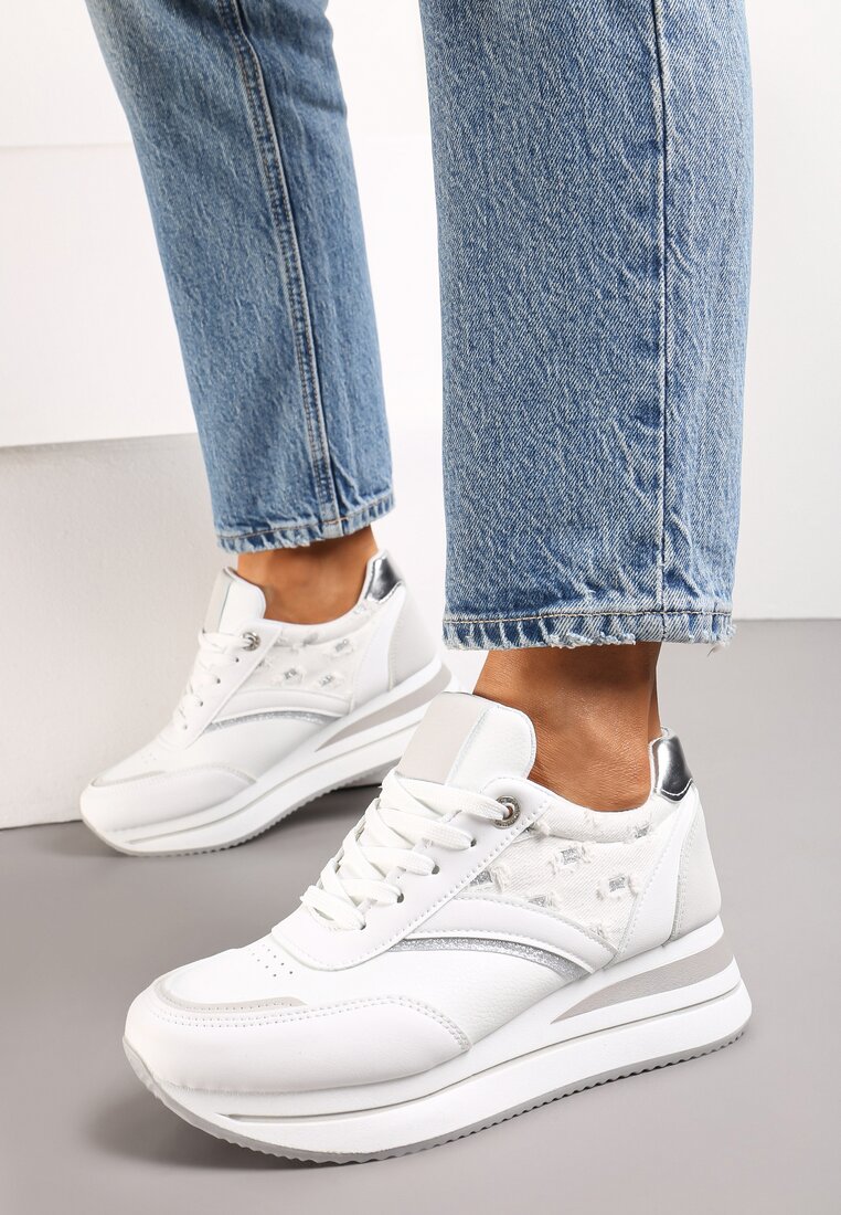 Sneakers Albi-Argintii cu Șiret din Piele Ecologică cu Inserții Strălucitoare Fiviara