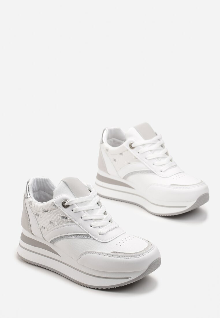 Sneakers Albi-Argintii cu Șiret din Piele Ecologică cu Inserții Strălucitoare Fiviara