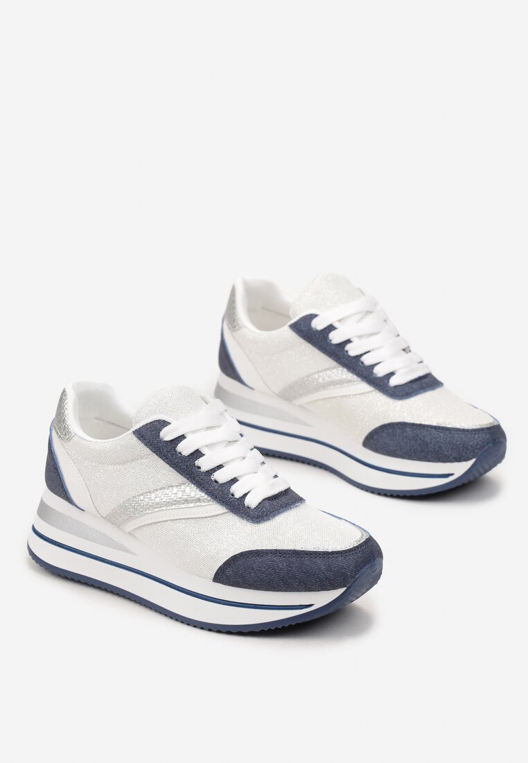 Niebiesko-Białe Sneakersy na Piankowej Podeszwie z Brokatowymi Wstawkami Ahova