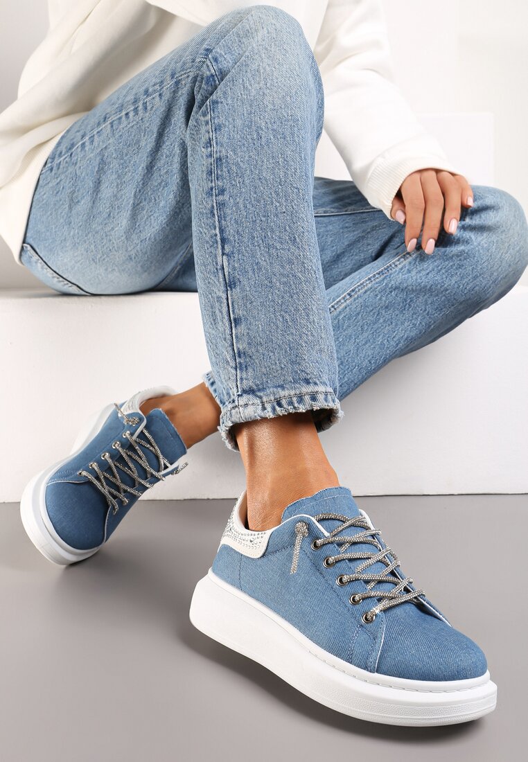 Sneakers Albastru cu Inserție de Sclipici și Pietre pe Talpă Groasă Mimivia