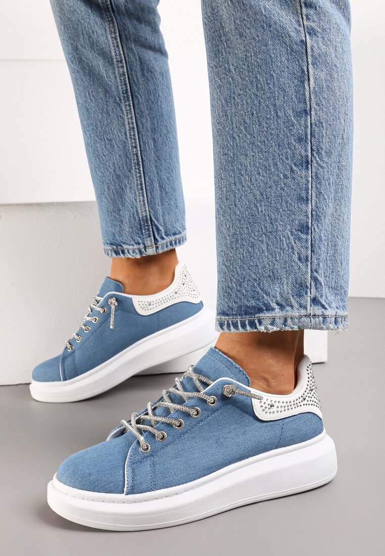 Sneakers Albastru cu Inserție de Sclipici și Pietre pe Talpă Groasă Mimivia
