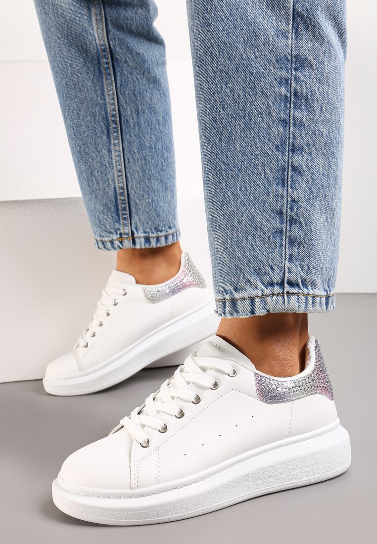 Sneakers Albi cu Inserție cu Sclipici și Pietre pe Talpă Groasă Mimivi