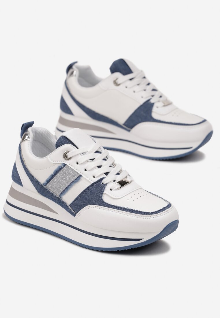 Biało-Niebieskie Sneakersy z Ekoskóry z Ozdobnymi Wstawkami i Grubą Podeszwą Amifa
