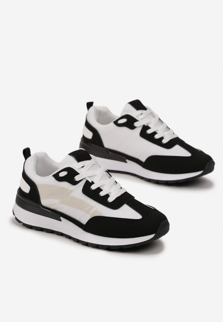 Czarno-Białe Sznurowane Sneakersy z Materiałowymi Wstawkami Aneril