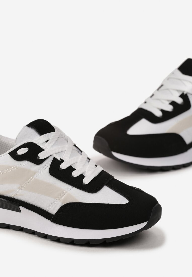 Czarno-Białe Sznurowane Sneakersy z Materiałowymi Wstawkami Aneril