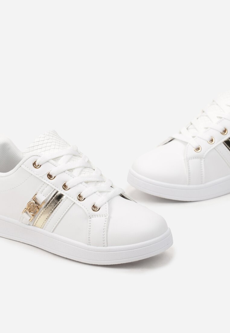 Biało-Złote Sneakersy z Ozdobną Klamrą i Cholewką przed Kostkę Teralis