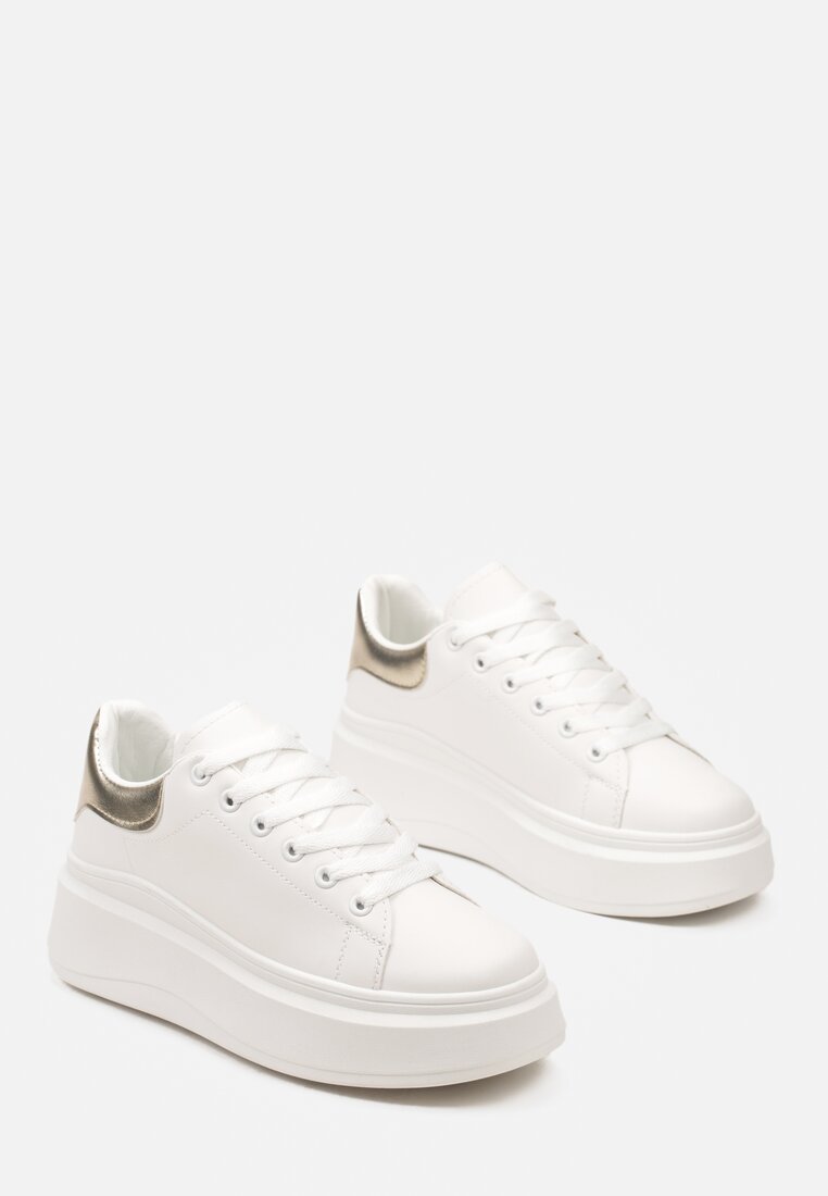 Biało-Złote Sznurowane Sneakersy na Niskiej Platformie z Imitacji Skóry Ajanfa