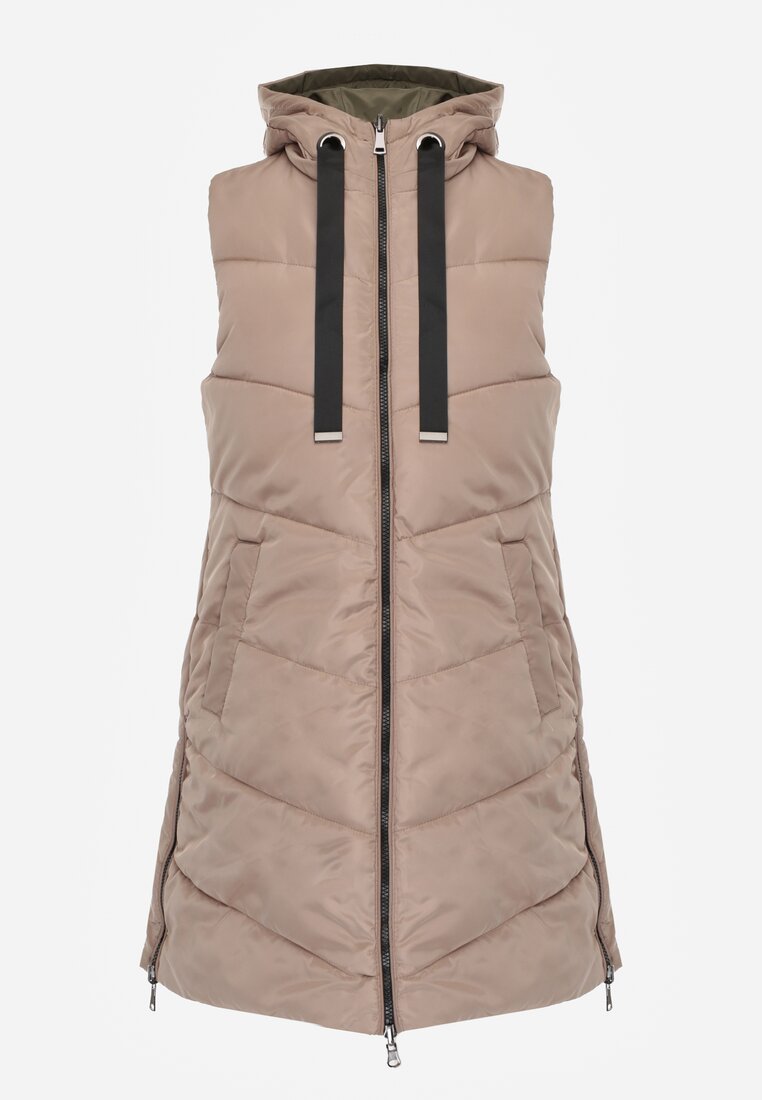Vestă lungă bej matlasată reversibilă cu șnururi la glugă Frenila