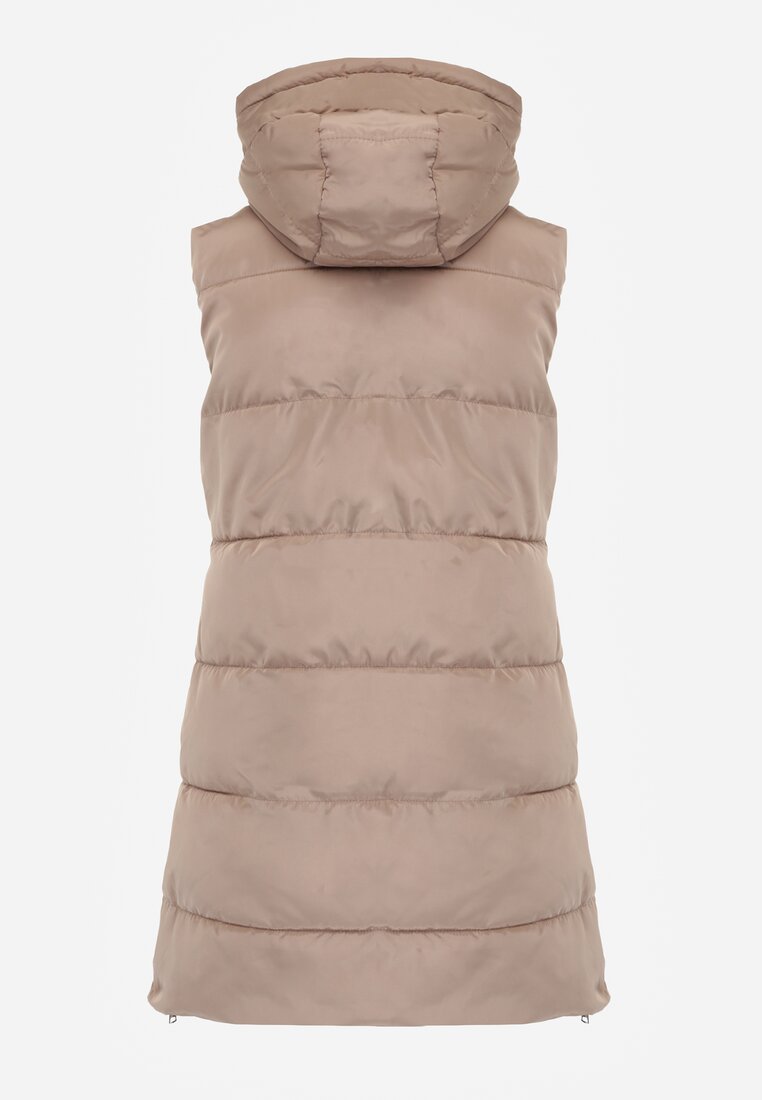 Vestă lungă bej matlasată reversibilă cu șnururi la glugă Frenila