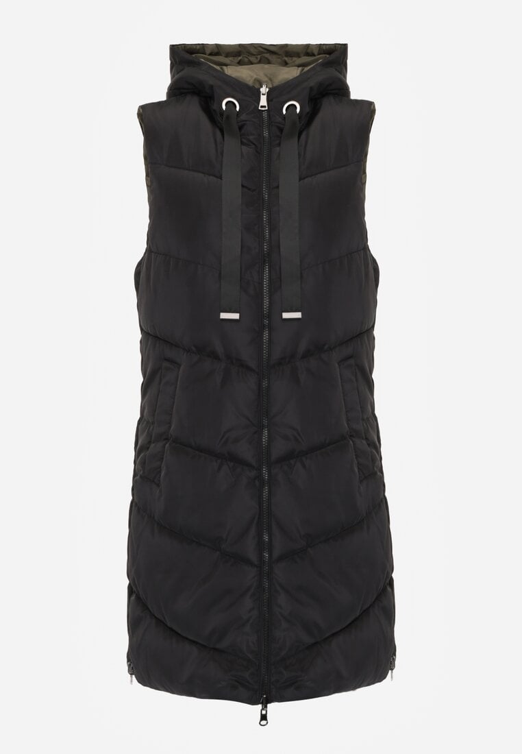 Vestă lungă neagră matlasată reversibilă cu șnururi la glugă Frenila