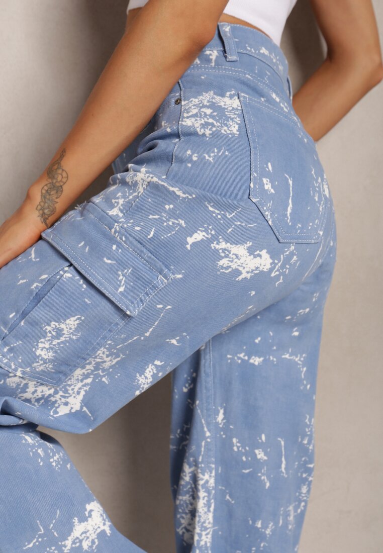 Niebieskie Jeansy High Waist z Designerskim Wzorem z Szerokimi Nogawkami Joltta