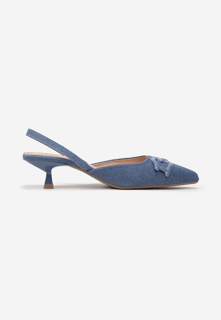 Niebieskie Sandały na Obcasie Kaczuszce z Ozdobną Klamrą i Noskiem w Szpic Virelna