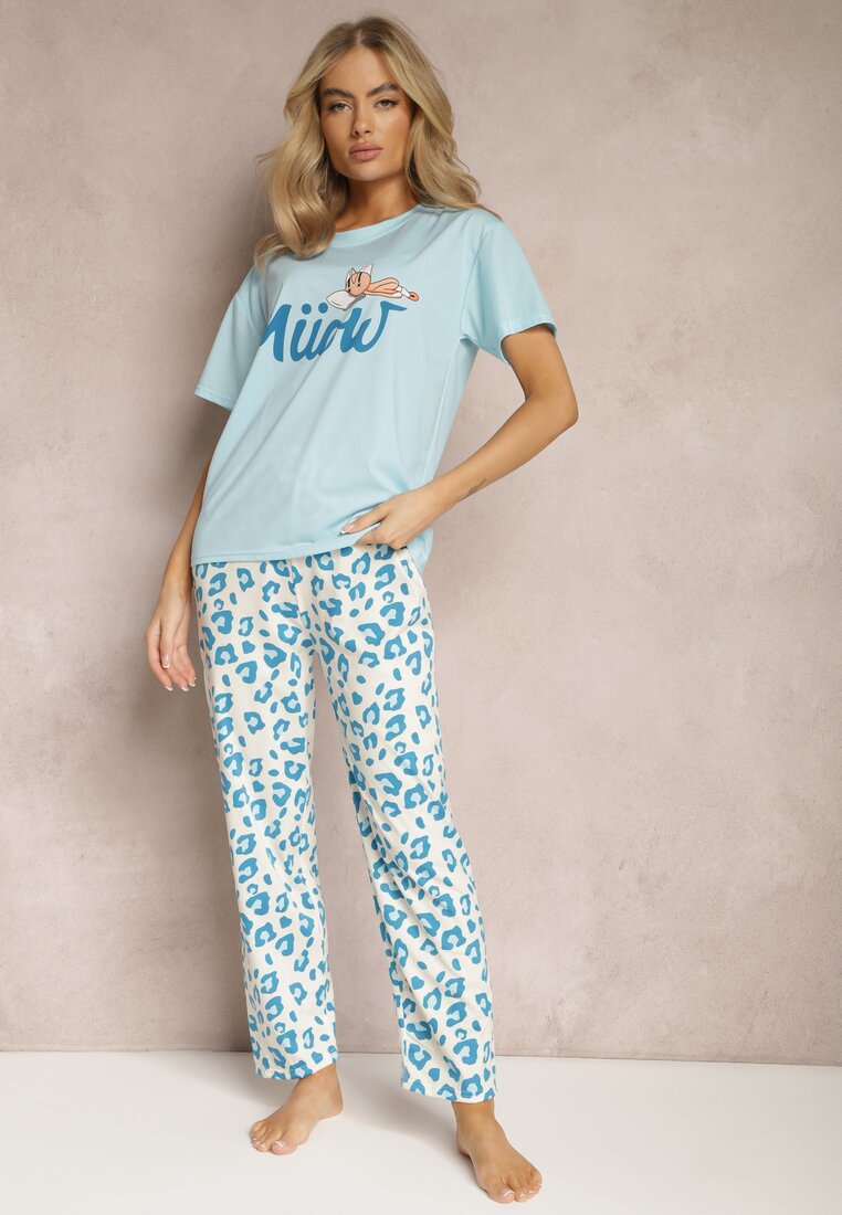 Jasnoniebieski Komplet Piżamowy T-shirt z Nadrukiem i Proste Spodnie w Cętki i Szorty Nirelsa