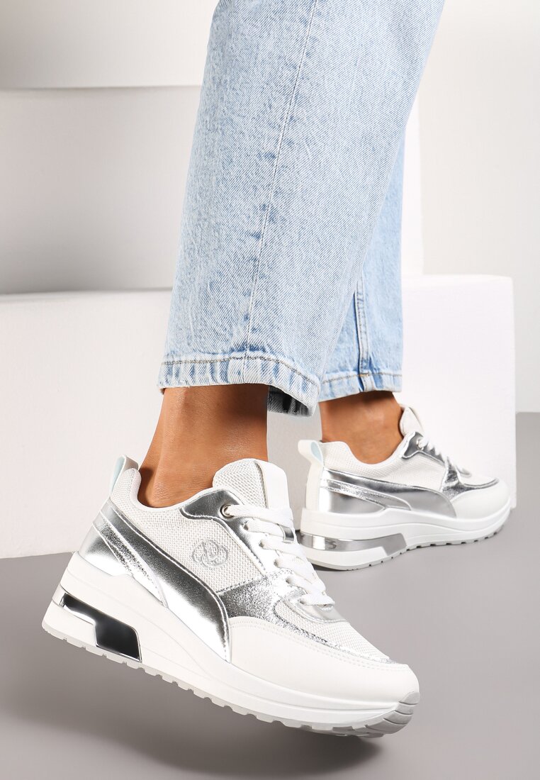 Sneakerși Albi din Piele Ecologică cu Plasă și Monogramă Decorativă Vitalera