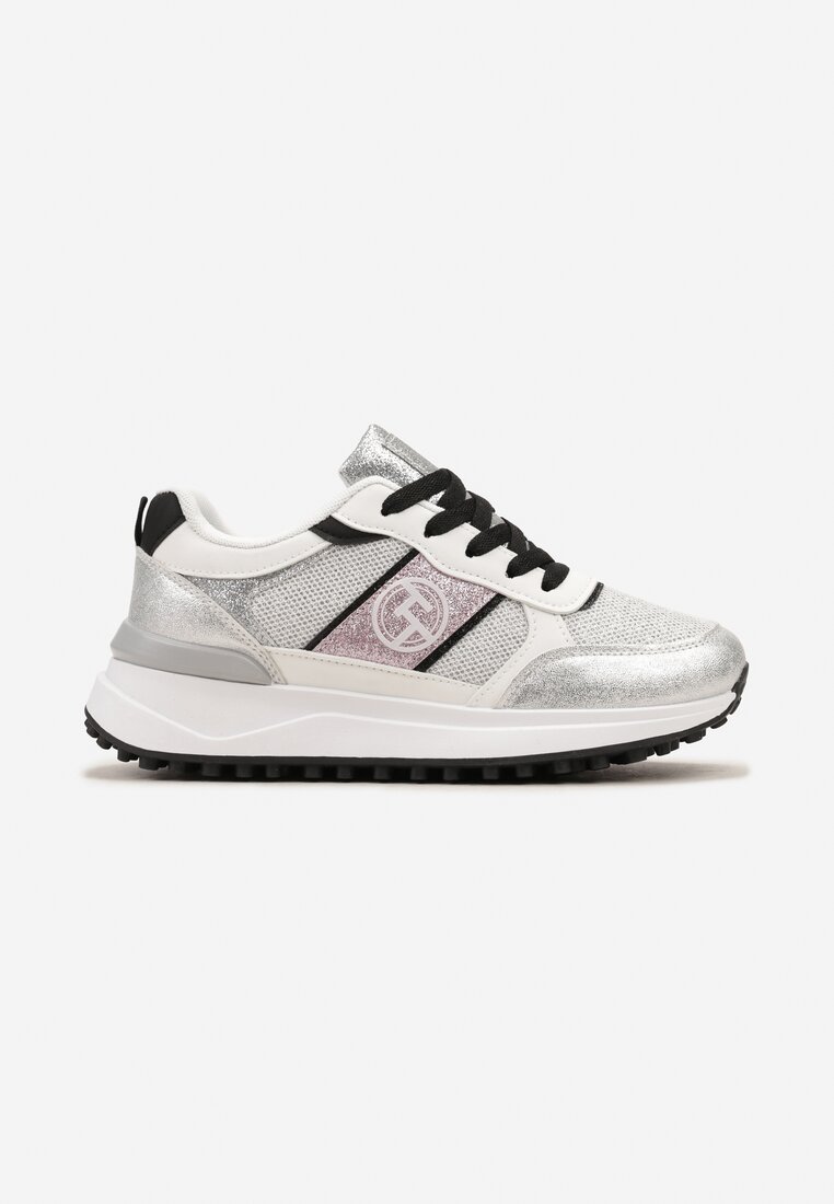 Sneakers Argintii cu Șireturi Sclipici și Plasă pe Talpă Groasă Leviria