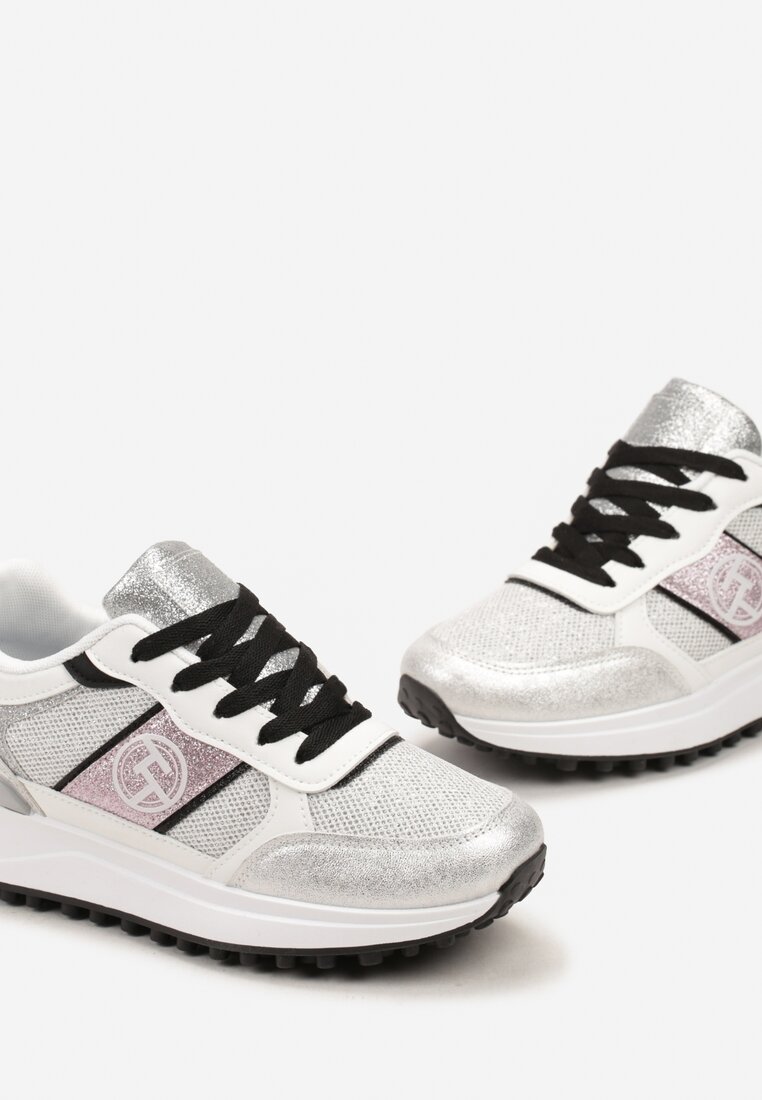 Sneakers Argintii cu Șireturi Sclipici și Plasă pe Talpă Groasă Leviria
