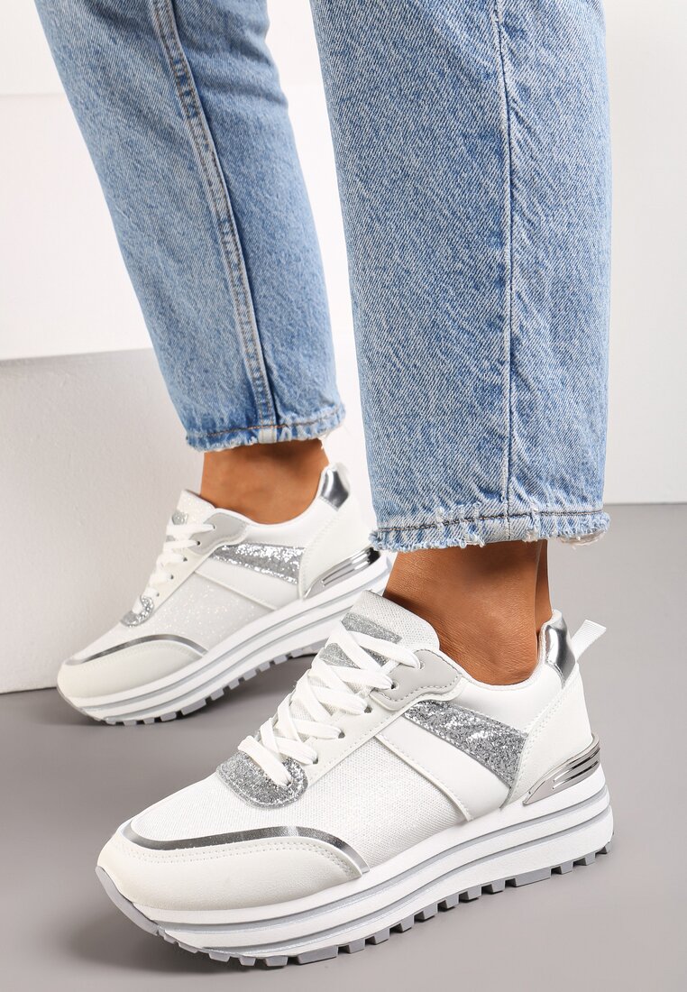 Sneakers Albi-Argintii cu Sclipici pe Talpă Groasă Decorativă Rilveia