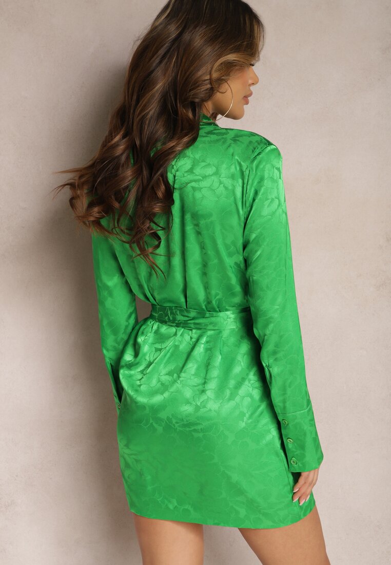 Zielona Kopertowa Sukienka Mini Wiązana w Pasie Wilera