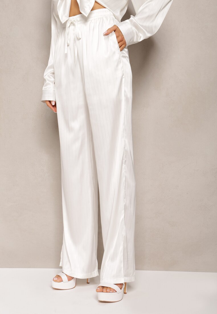Białe Szerokie Spodnie z Gumką w Talii i Błyszczącym Wzorem w Paski Zoyama