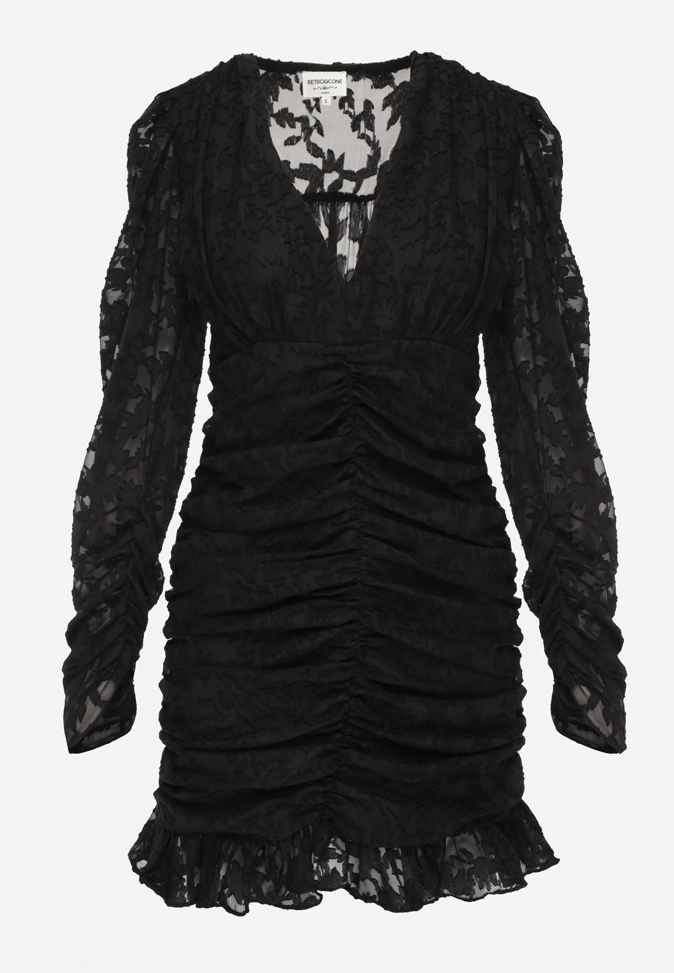 Czarna Dopasowana Sukienka Mini z Drapowaniem i Wzorem na Siateczce Welisia