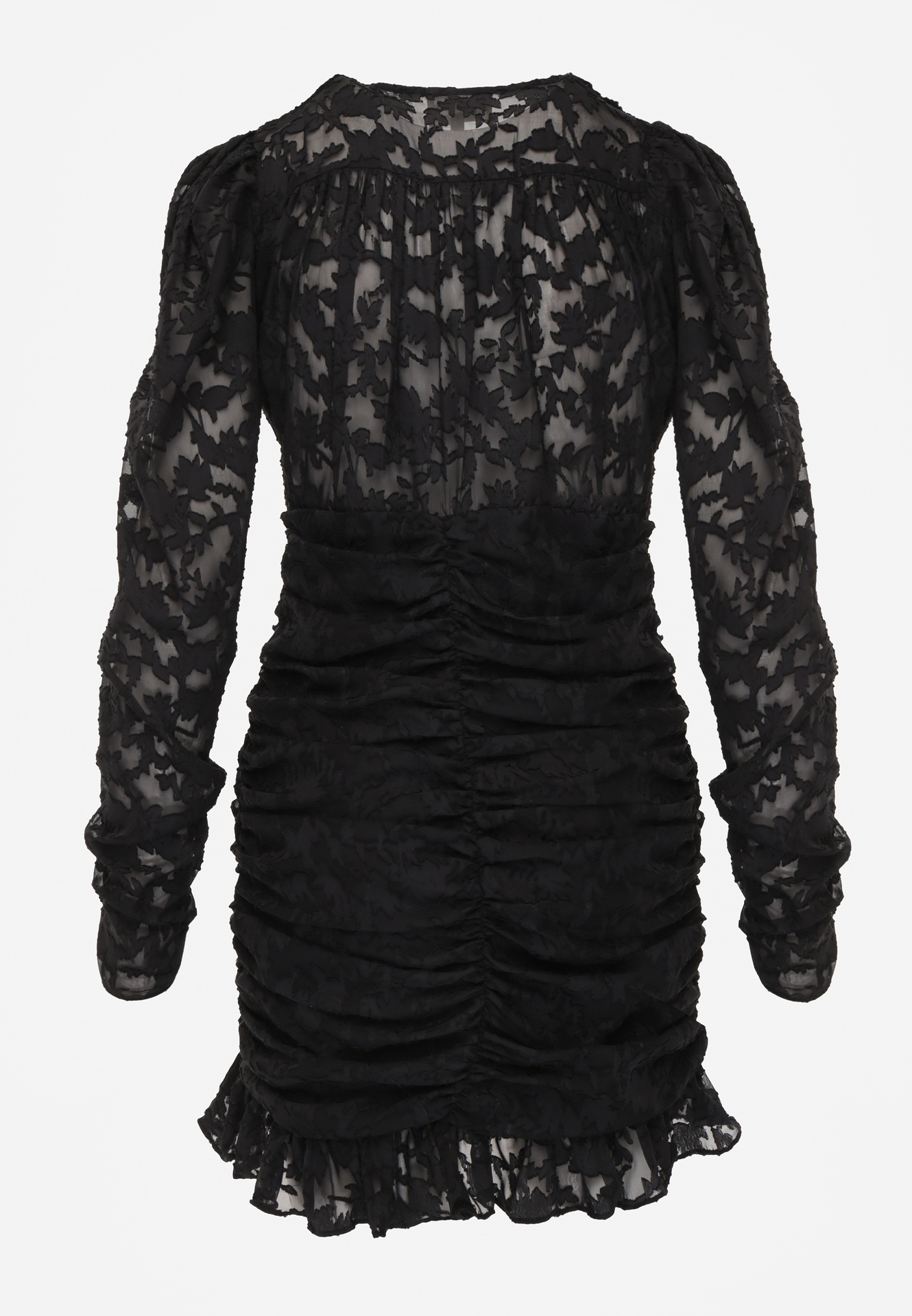 Czarna Dopasowana Sukienka Mini z Drapowaniem i Wzorem na Siateczce Welisia