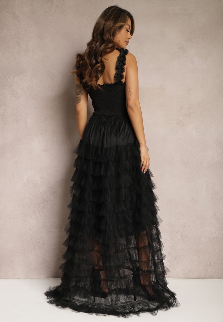 Czarna Koktajlowa Sukienka Maxi z Tiulowymi Falbankami Amiusa
