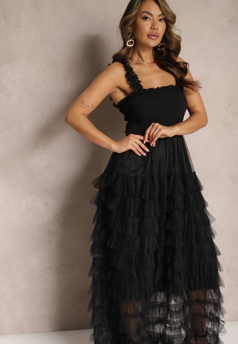 Czarna Koktajlowa Sukienka Maxi z Tiulowymi Falbankami Amiusa