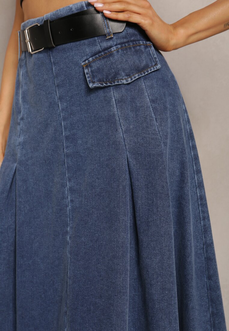 Niebieska Rozkloszowana Spódnica Jeansowa z Paskiem w Komplecie Grinna
