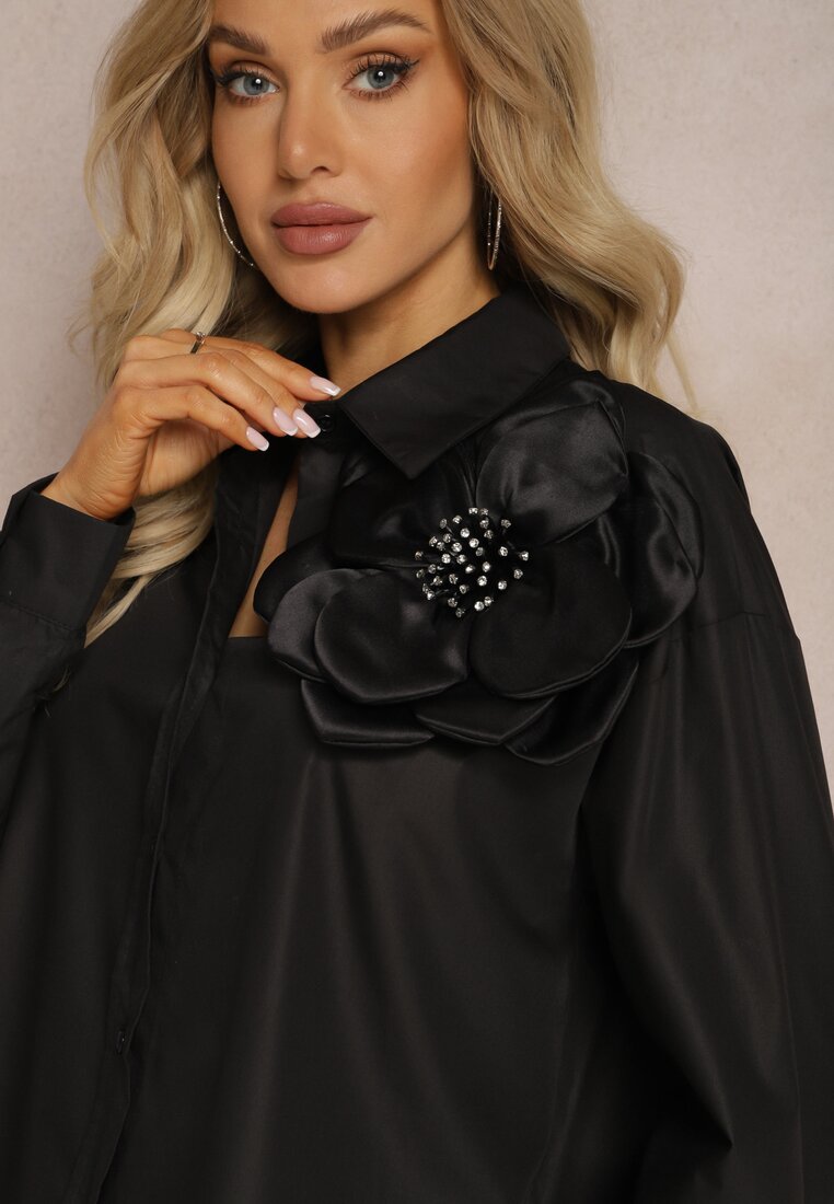 Camasa Neagra Clasica cu Aplicatie 3D cu Motiv Floral Xirena