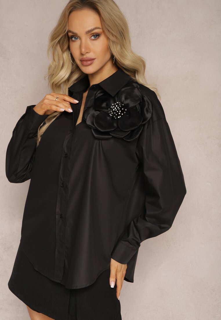 Camasa Neagra Clasica cu Aplicatie 3D cu Motiv Floral Xirena