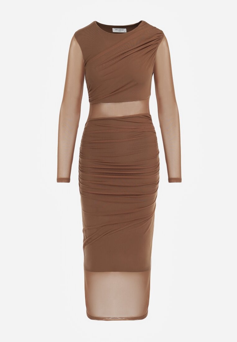 Brązowa Siateczkowa Sukienka Maxi o Dopasowanym Kroju Kremse