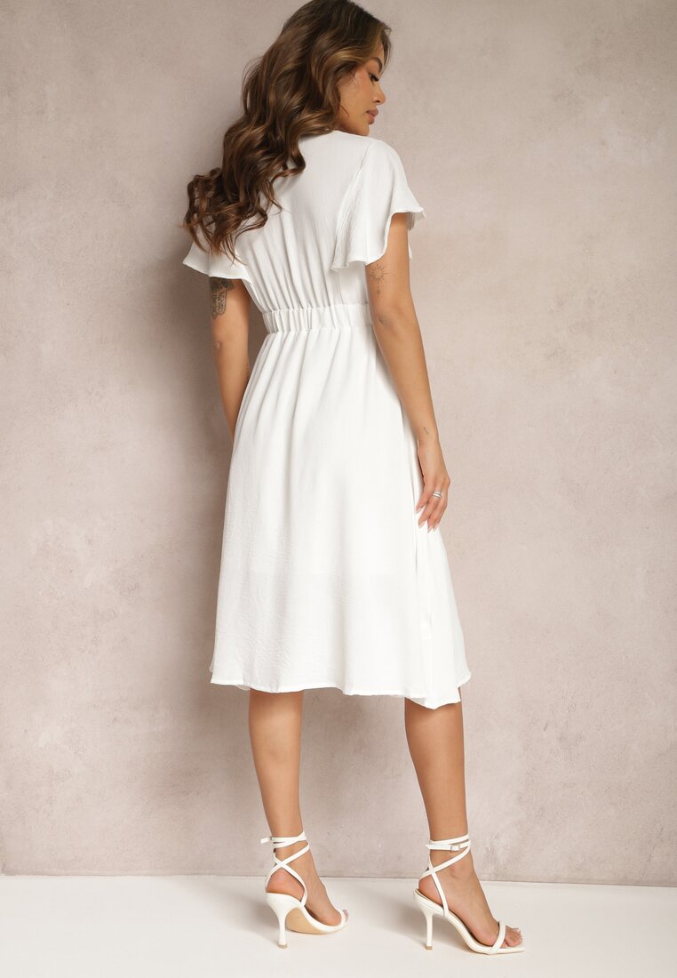 Biała Kopertowa Sukienka Midi o Rozkloszowanym Kroju Noravel