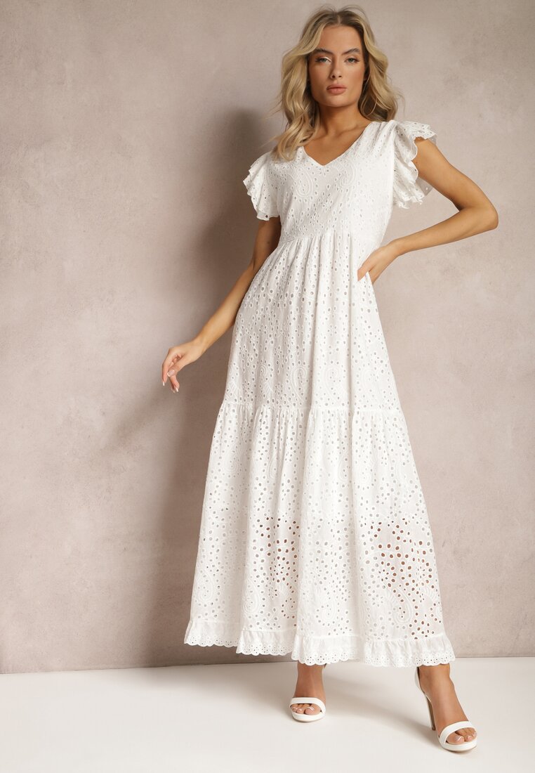 Biała Rozkloszowana Sukienka Bawełniana Maxi z Ażurowym Haftem i Falbankami Reflecia